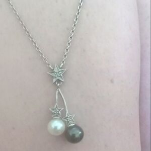 Sterling Silver Diamond Two Pearl Necklace Black And White